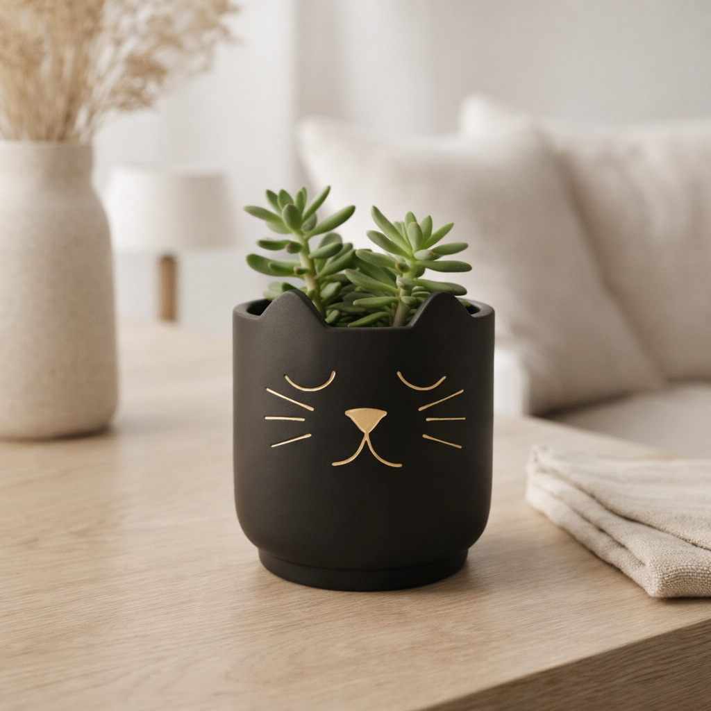 J -line Flowerpot Cat pour l'intérieur - Céramique - noir / or - S - Ø 14 cm en situation