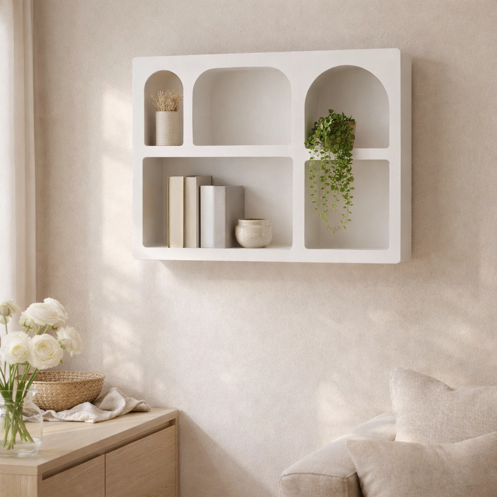 Étagère murale Bryne – Blanc, bois peint, 40 x 13 x 60 cm en situation
