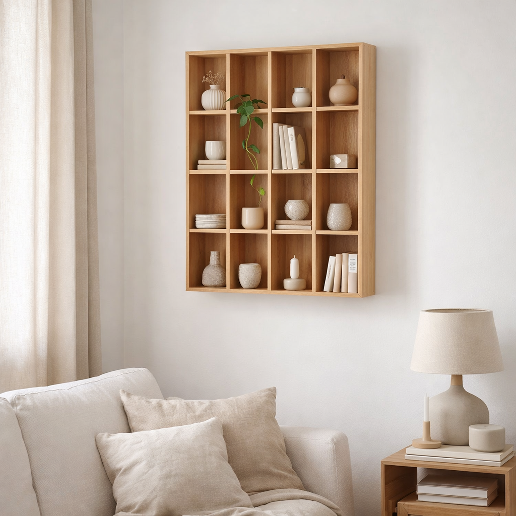 Etagère murale Moss - Marron naturel, pin, 44x10x63cm en situation