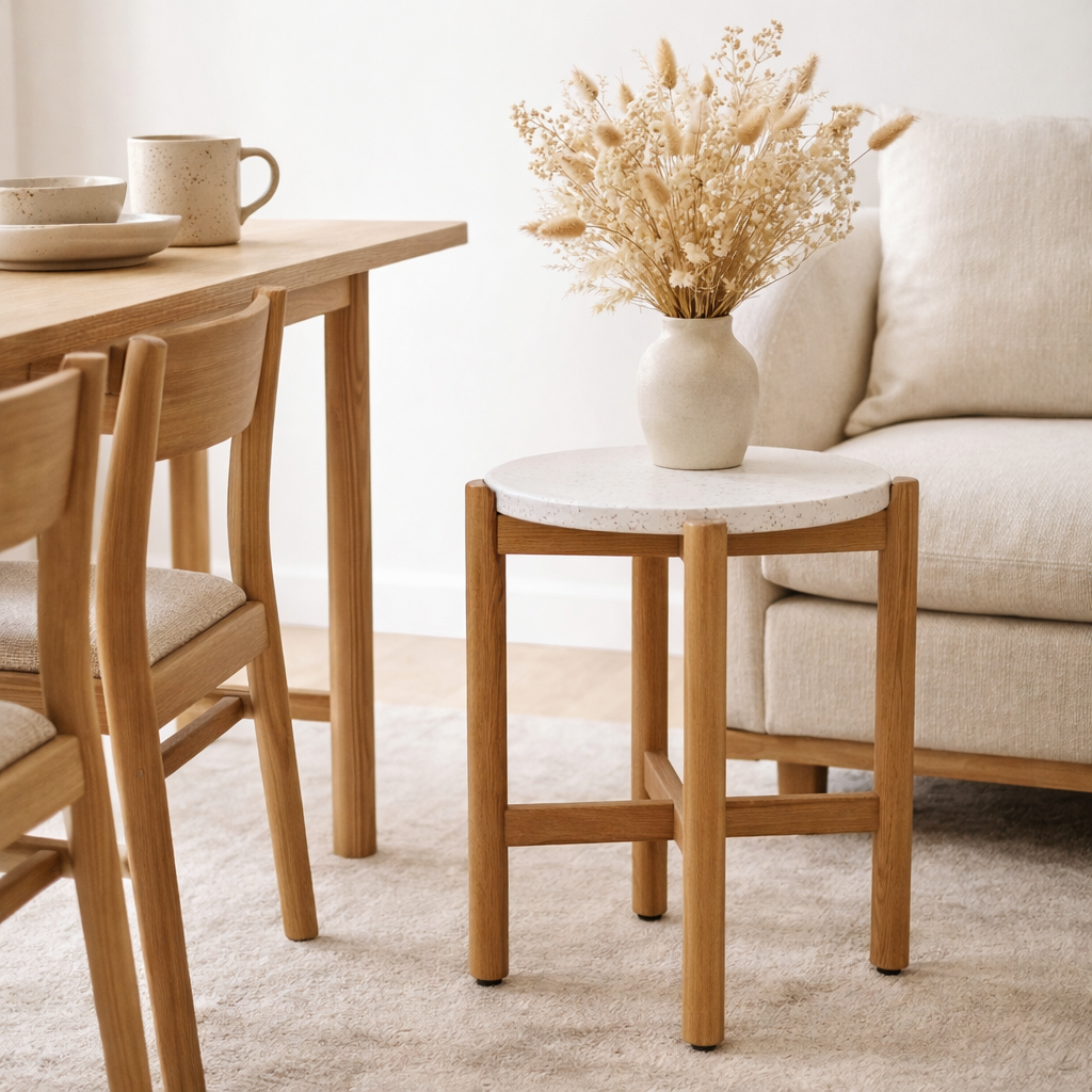 Table d'Appoint Terracina - Naturel/Blanc, Acacia/Terrazzo, ø37x46 cm en situation