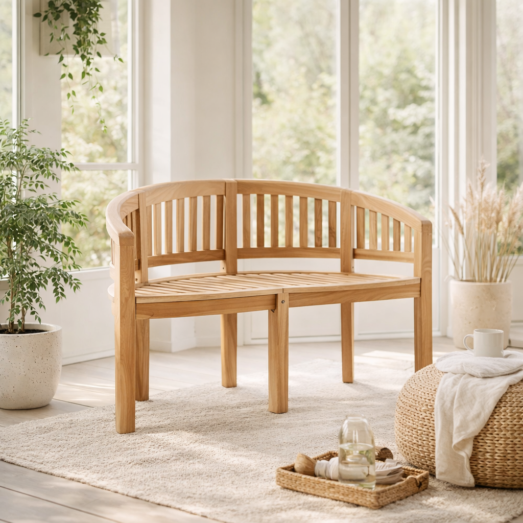 Banc de jardin en forme de banane, 120 cm, teck en situation