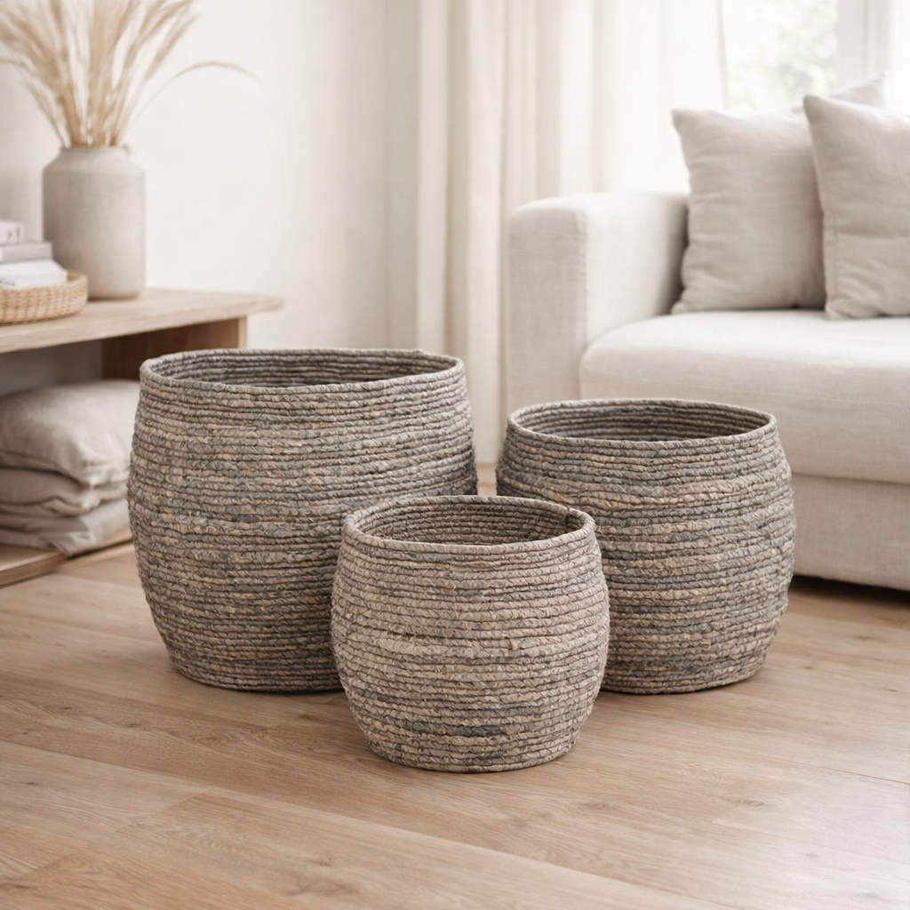 Paniers Tivoli - Gris, Feuille de Maïs, 33x33x30 cm - Lot de 3 en situation