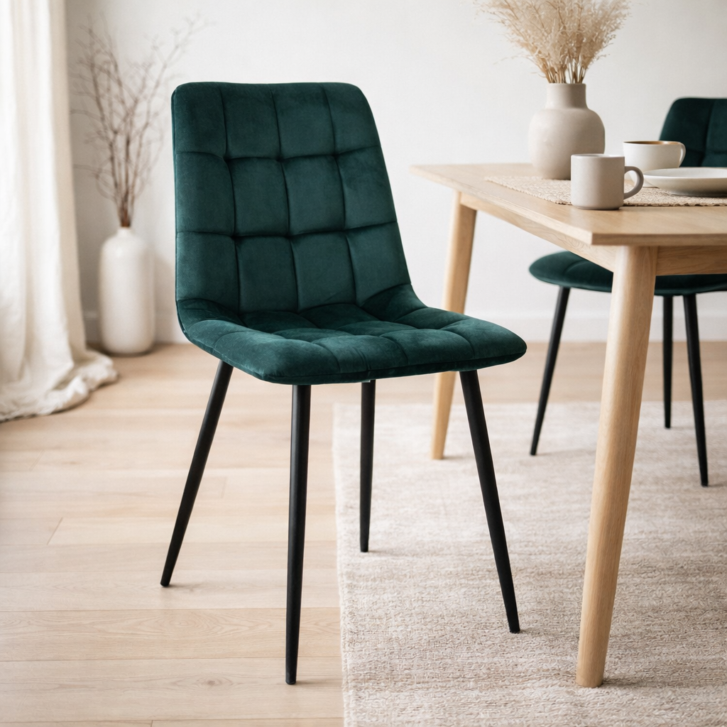 Chaise de salle à manger Middelfart – Velours polyester, acier, vert foncé – Lot de 2 en situation