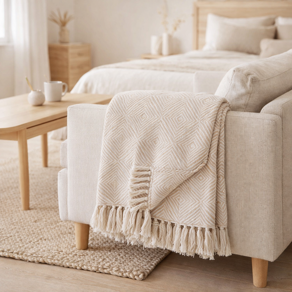 Cort Plaid - Ivoire/Beige, 100% Coton Recyclé, 130x160 cm en situation