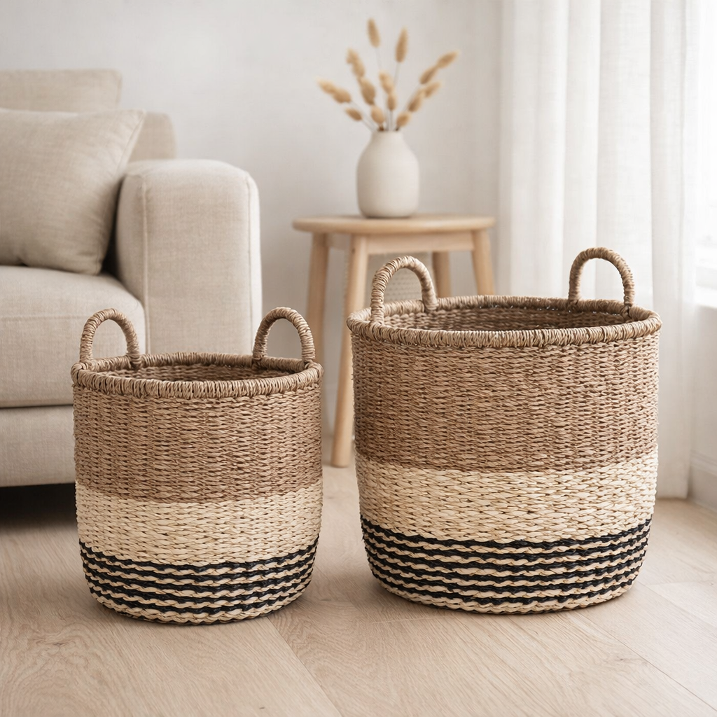 Lima Basket - Panier en jonc de mer, nature/marron/noir, lot de 2 en situation