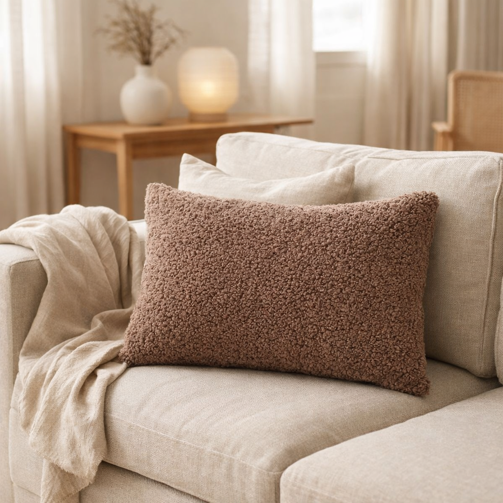 Coussin Tavira - Polyester, Coton, Bouclé Marron - 45x60 cm en situation