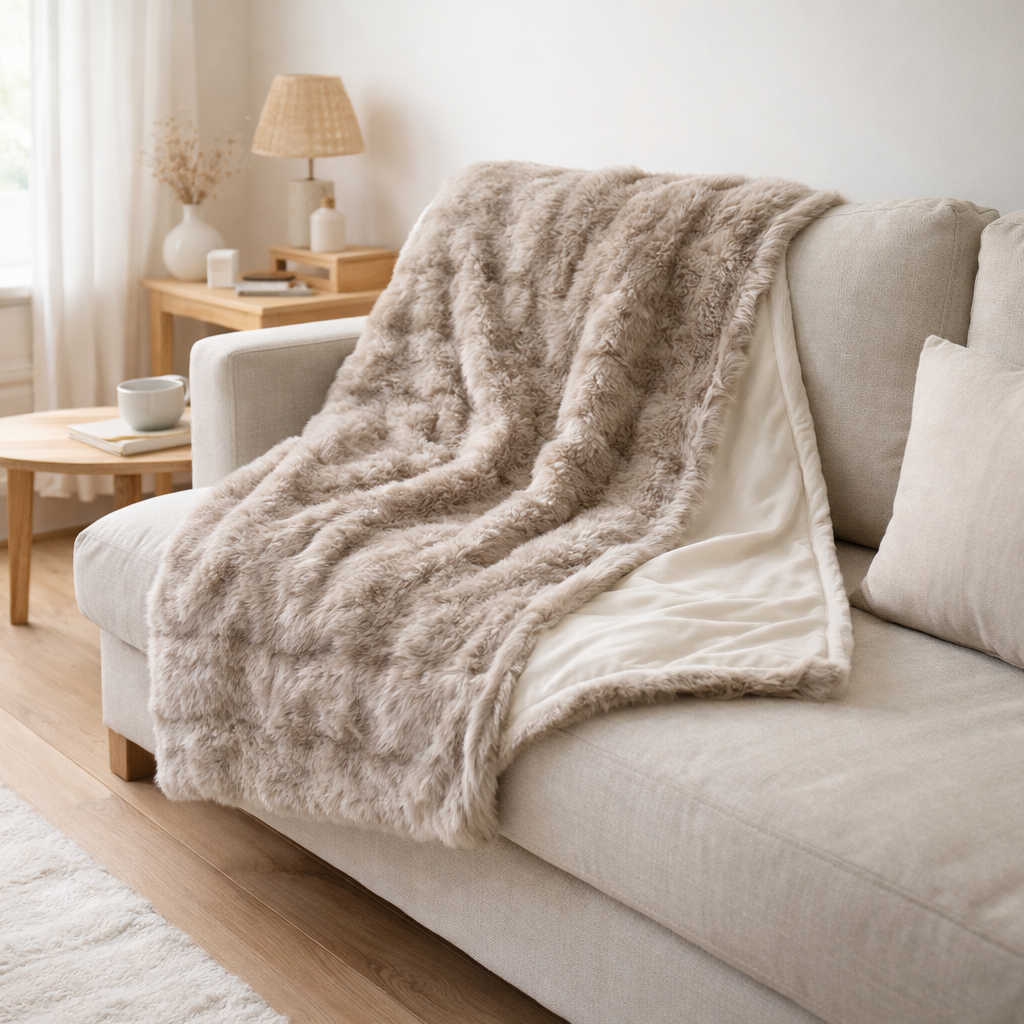 Galena Plaid - Beige, fourrure artificielle, 100% Polyester, 130x180 cm en situation