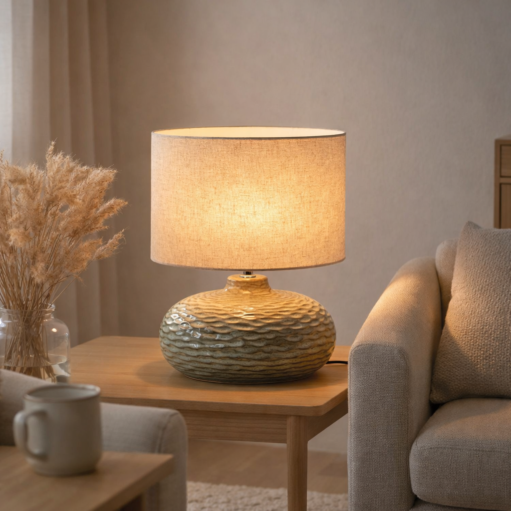 Lampe de table Oldham - Lampe de table Oldham, céramique verte avec abat-jour en situation
