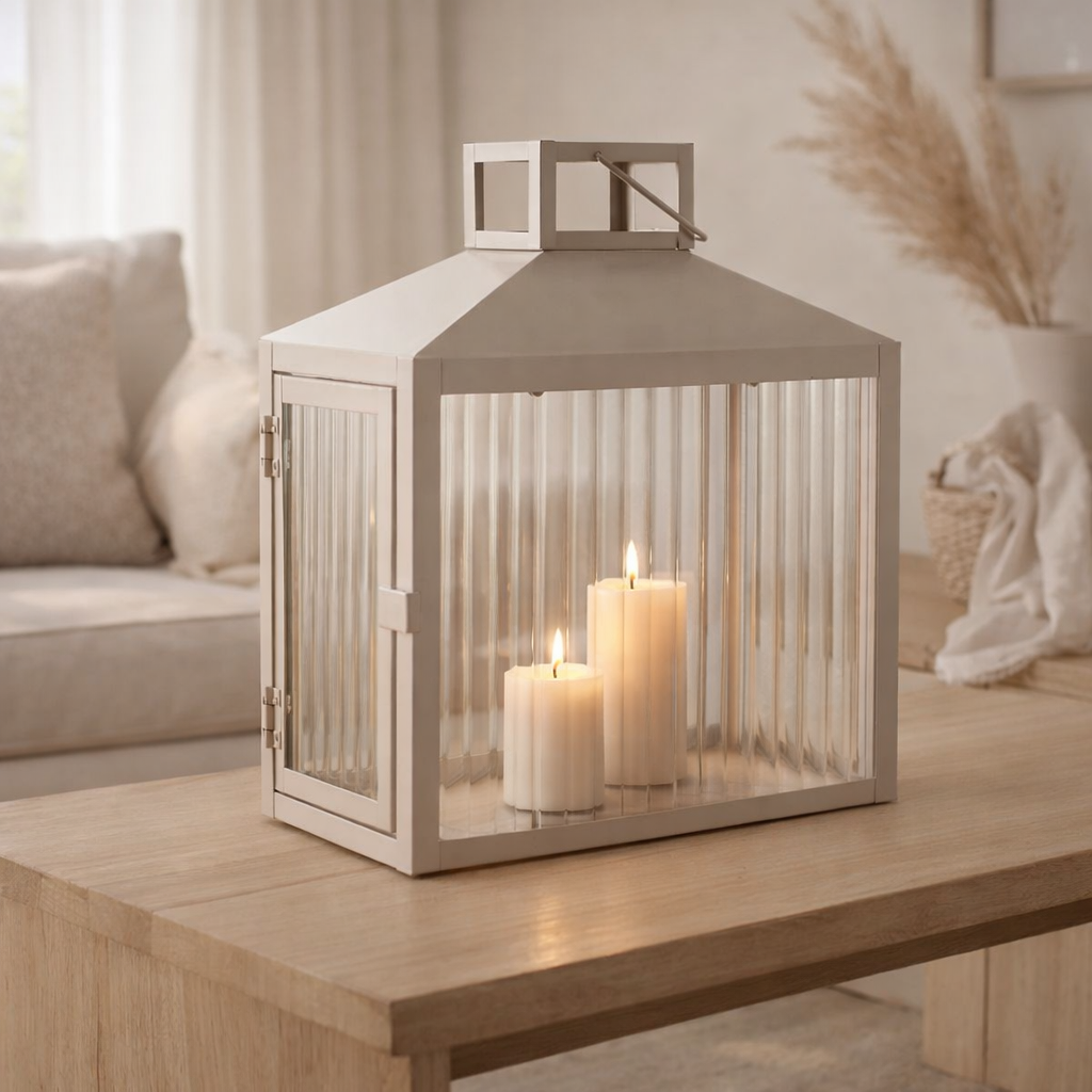Lanterne Lucca - Beige/Gris, Métal/Verre, 26,5x13x26,5 cm en situation