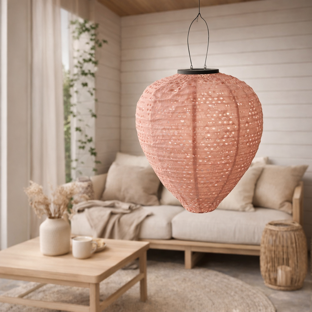 Lanterne LED de greatham - lanterne solaire rose, rechargeable, 30x30x34 cm en situation