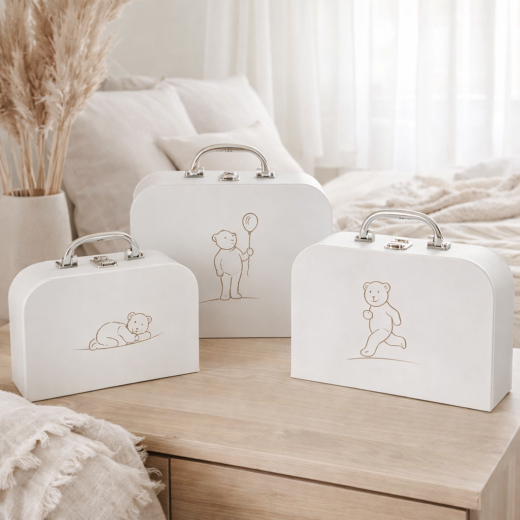 Valise J-Line Birth Bear - carton - blanc - lot de 3 en situation