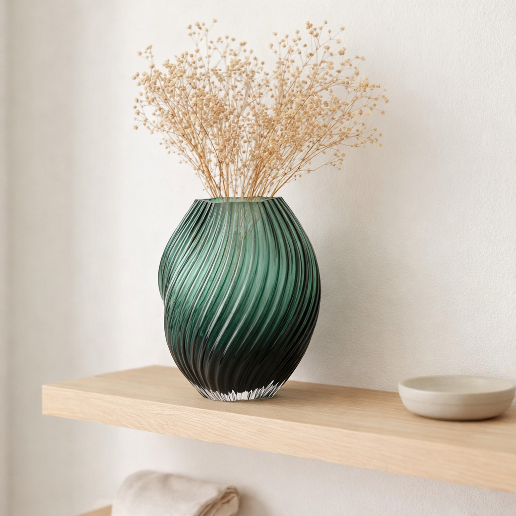Vase, verre soufflé bouche, vert foncé, ø19x23 cm en situation