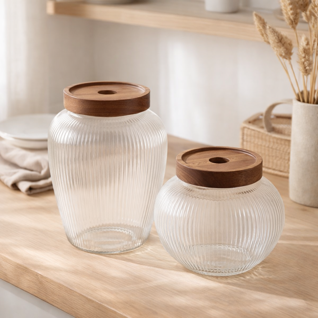 Pot de conservation Maya en verre, verre/acacia, lot de 2 en situation