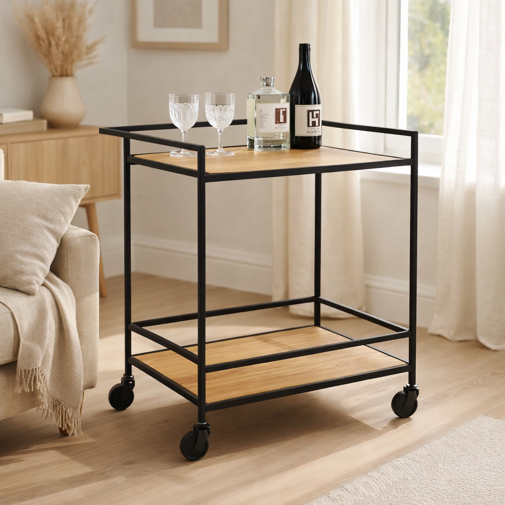 Chariot de bar Vita - aspect chêne, noir, 68x40x79cm en situation