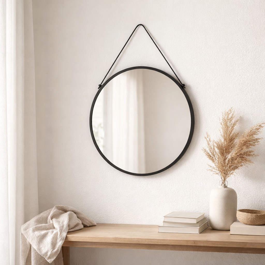 Miroir Trapani - Noir, Acier, Cuir Artificiel, Ø38cm en situation