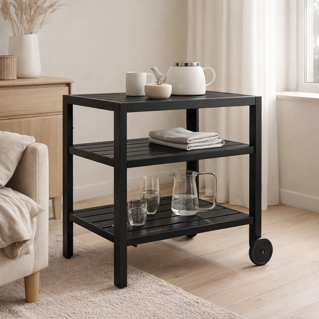 Taormina Tea Trolly - Chariot à thé, aluminium/non bois, noir, 3 étagères en situation