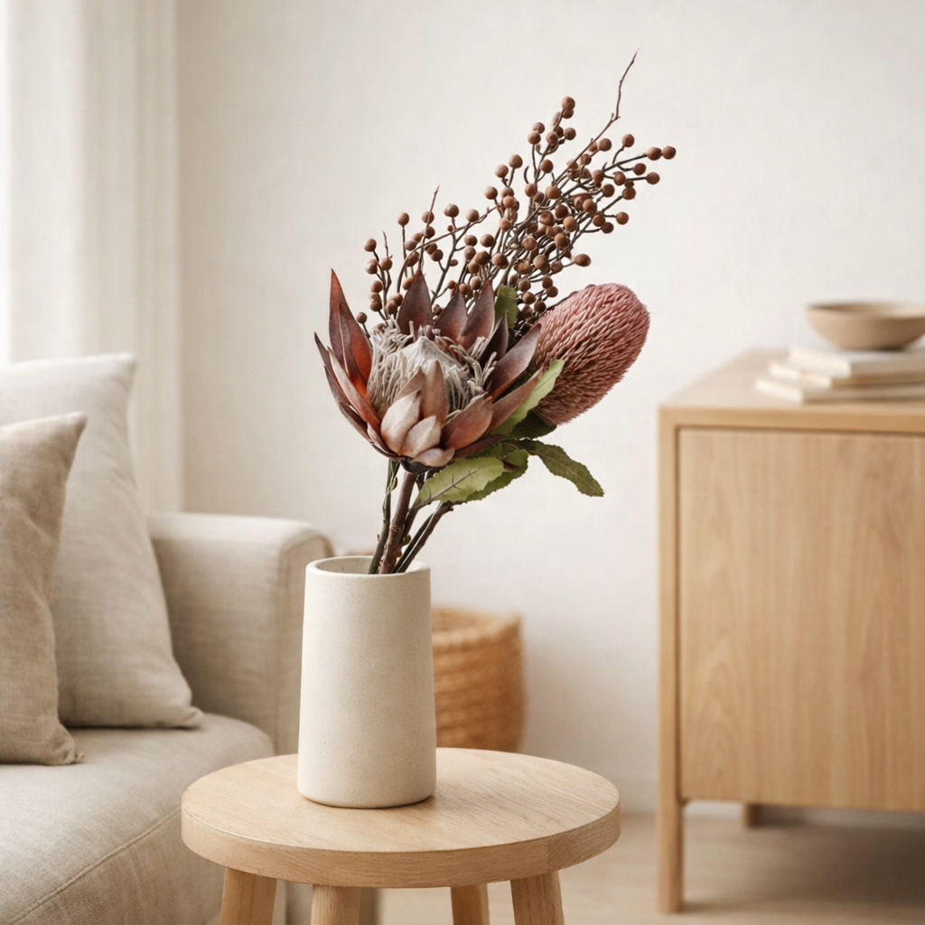 Bouquet King Protea - Fleurs artificielles, mélange de roses, 74 cm en situation