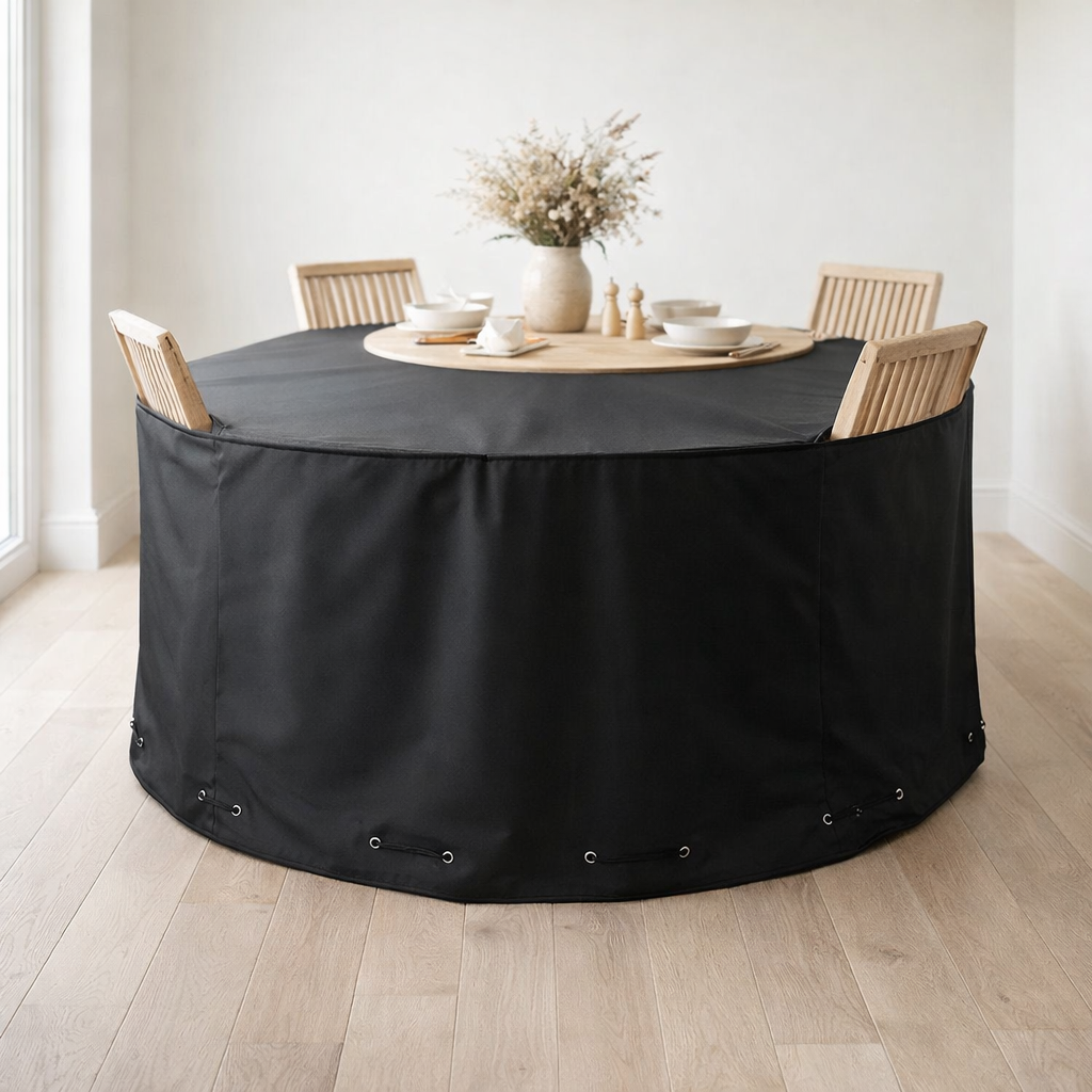Housse Luxe - Housse luxe pour table ronde 180 cm avec 4 chaises, 210g/m2 polyester 600D enduit PU, déperlant, noir en situation