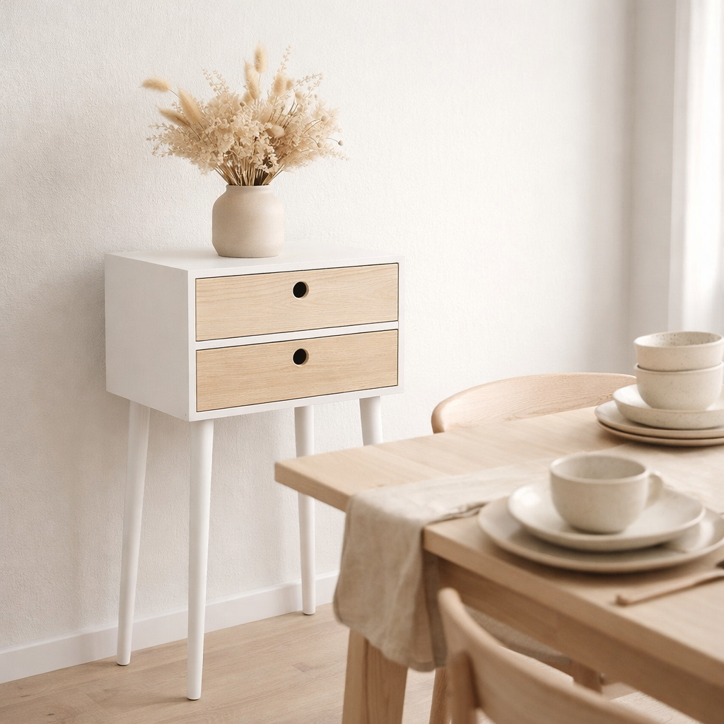 Rimini Table d'Appoint - Blanc/Naturel, Pinède, 32x45x65,5 cm en situation