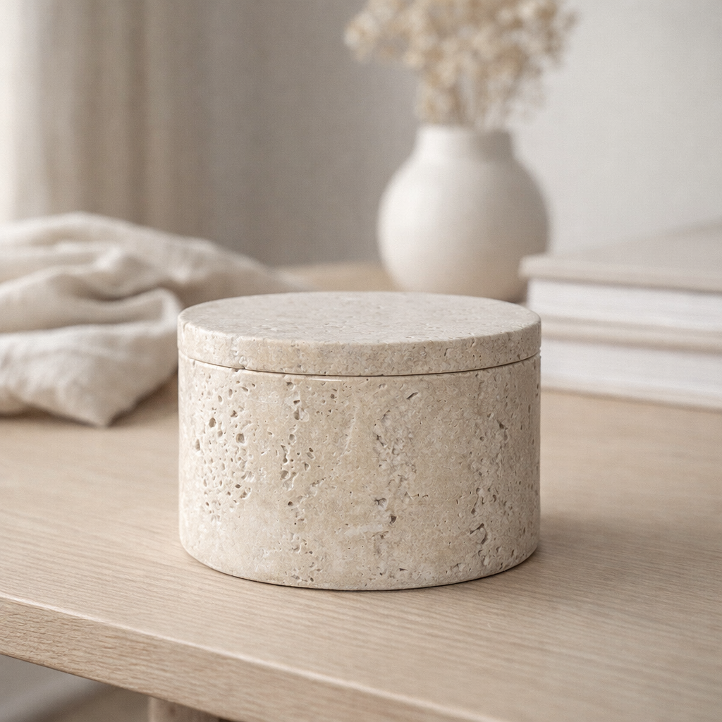 Pot de Rangement - Naturel, Travertin, Ø10x6,5cm en situation