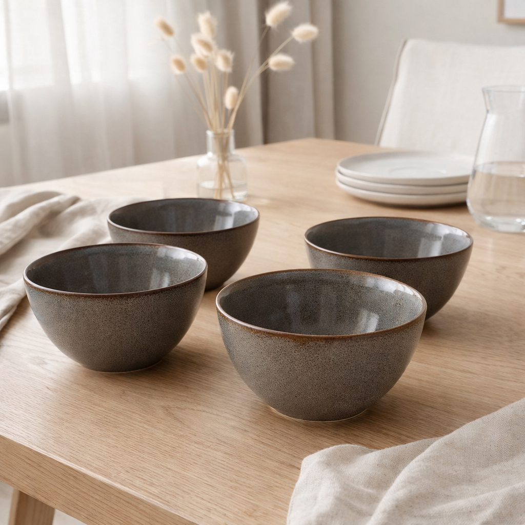 Selma Bowl - Bol, céramique, gris/marron, ø15x9 cm, lot de 4 en situation