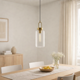 Suspension Luton - Laiton, Verre Transparent, Ø13 cm, Cordon en Tissu 150 cm en situation