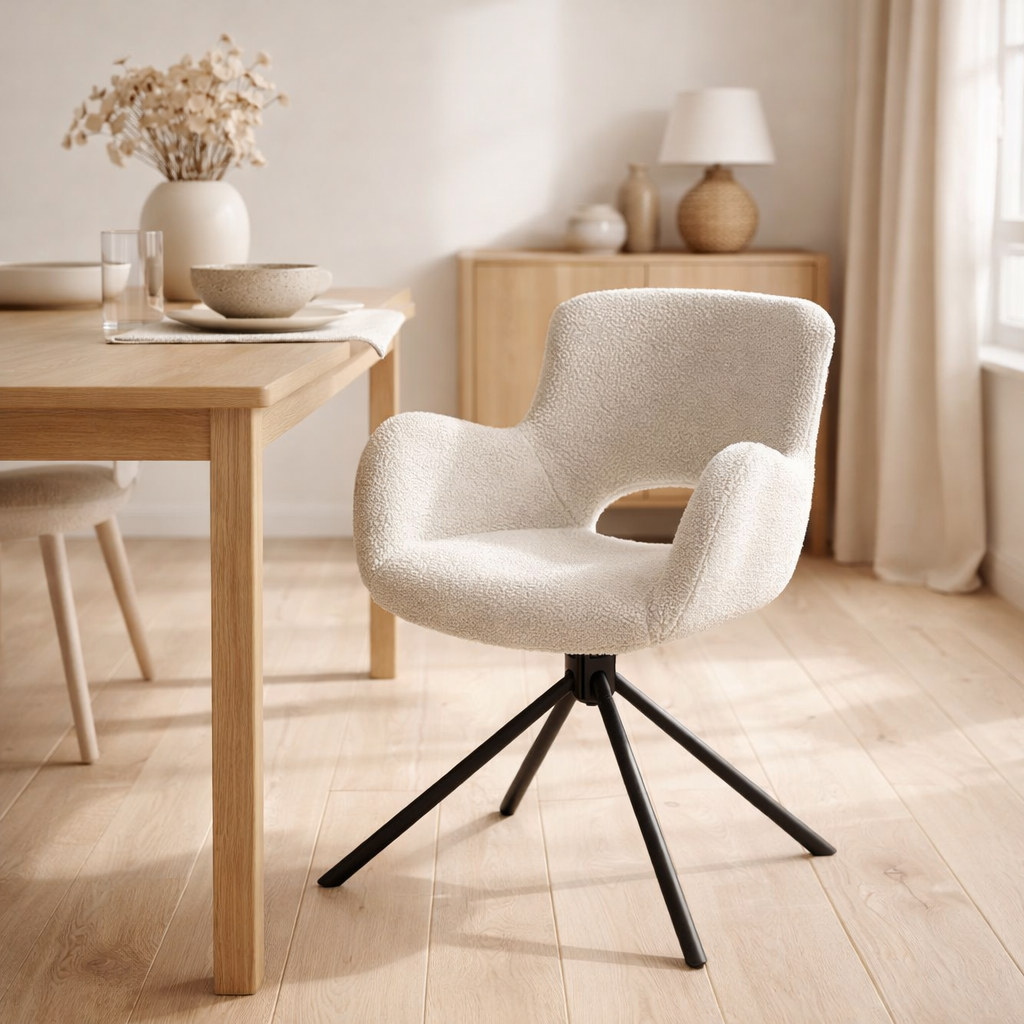 Chaise de salle à manger Amorim - Blanc cassé, Bouclé, Pivotante, Pieds en métal noir - Lot de 2 en situation