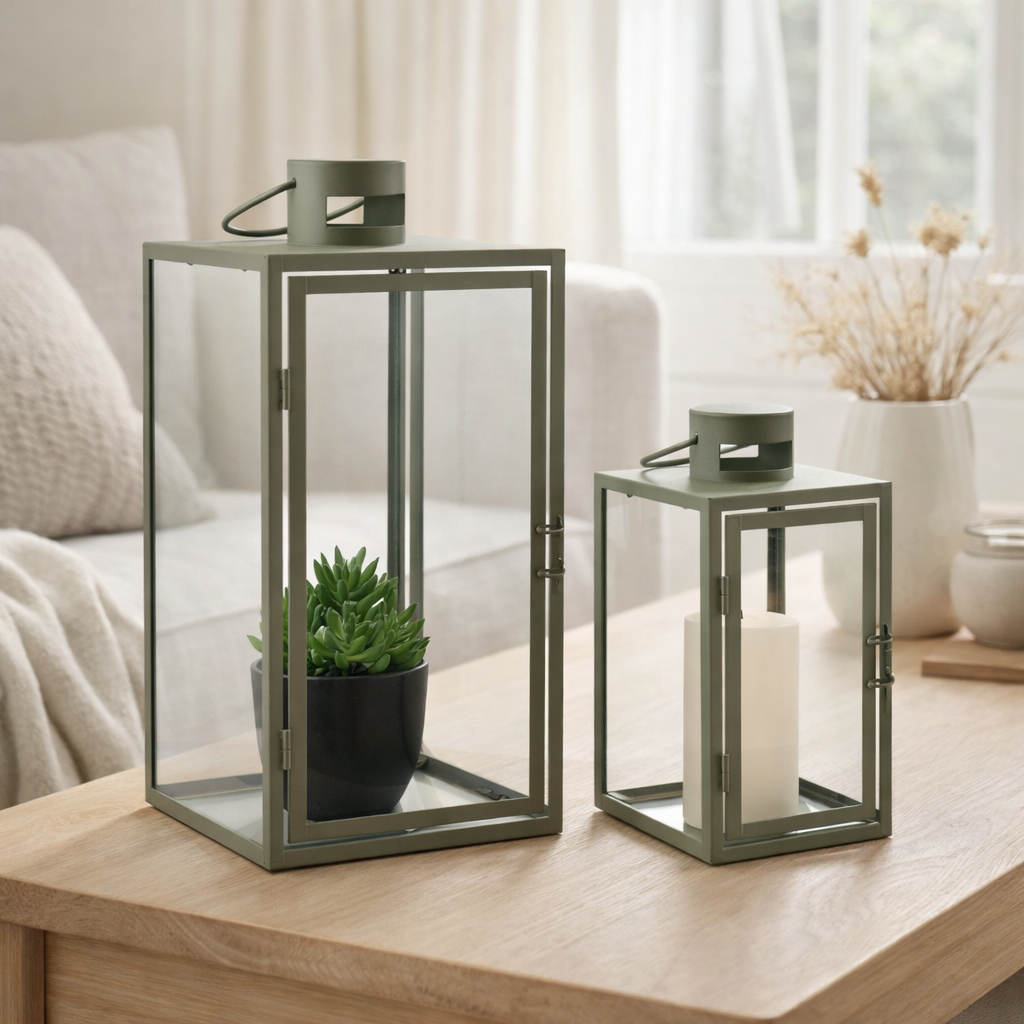Lanternes Corfou - Vert, Acier, Verre, 13/19,5x13/19,5x25,5/40 cm - Lot de 2 en situation