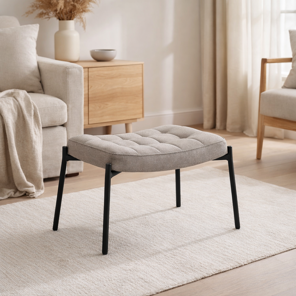 Repose-pieds Glasgow - Pierre, Polyester/Pin/Acier, 41x61x36 cm en situation