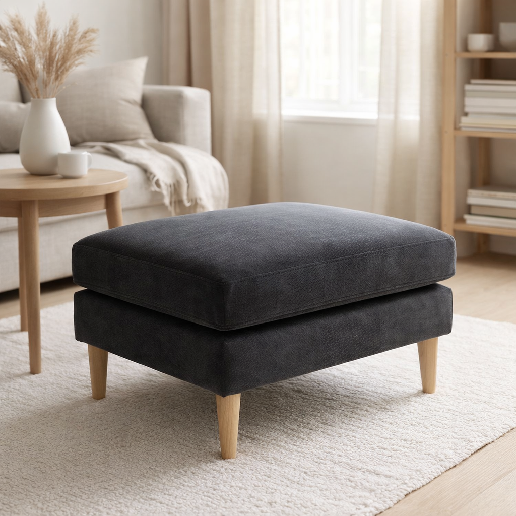 Pouf Bologna - Gris foncé, Mousse/Polyester/Hêtre, 52x68x42 cm en situation