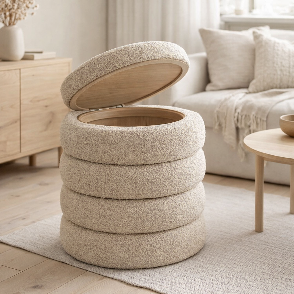 Brooklyn Pouf - MDF, Pinewood, Foam, Polyester, Beige - Ø44x44 cm en situation