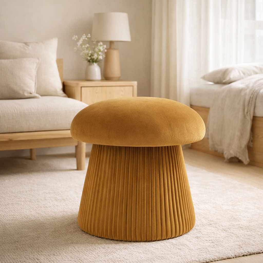 Pouf Hampton - Ocre, MDF/Carton/Textile, Ø39x42 cm en situation