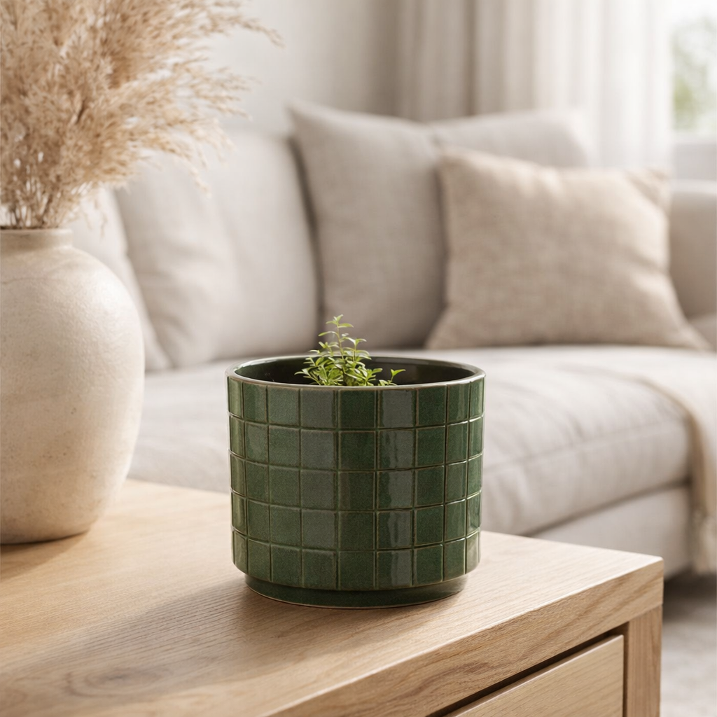 J -line Flowerpot Square - Céramique - Vert - Moyen - Ø 14 cm en situation