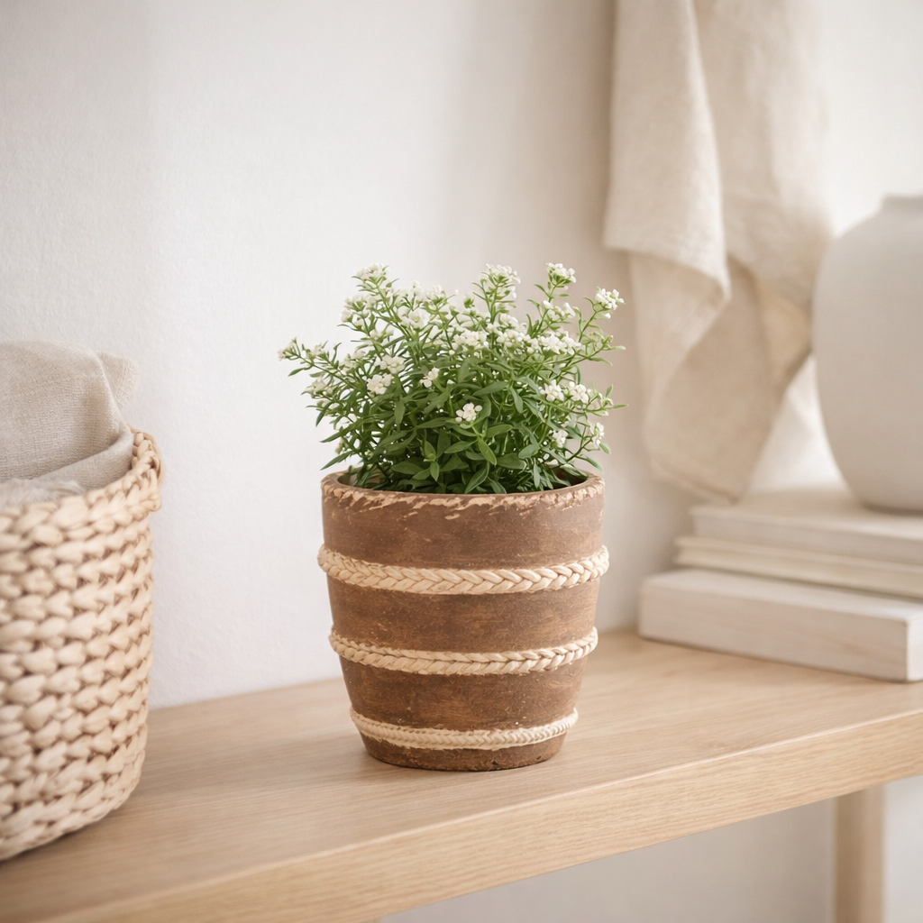 Pot de fleurs J-Line tressé - ciment - marron - Ø 15 cm en situation