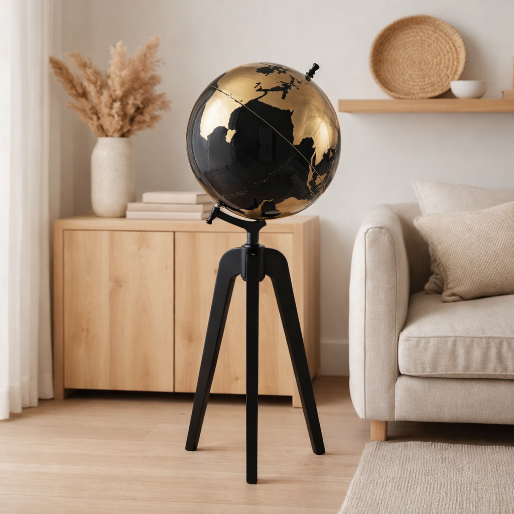 Globe J-Line sur pied - bois - noir/or - extra large en situation