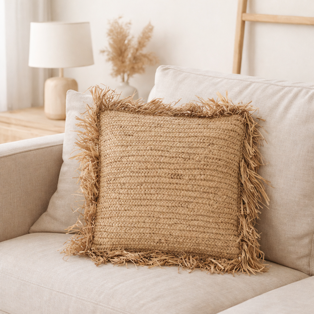 Coussin J-Line Square Raphia - jute - naturel - petit en situation