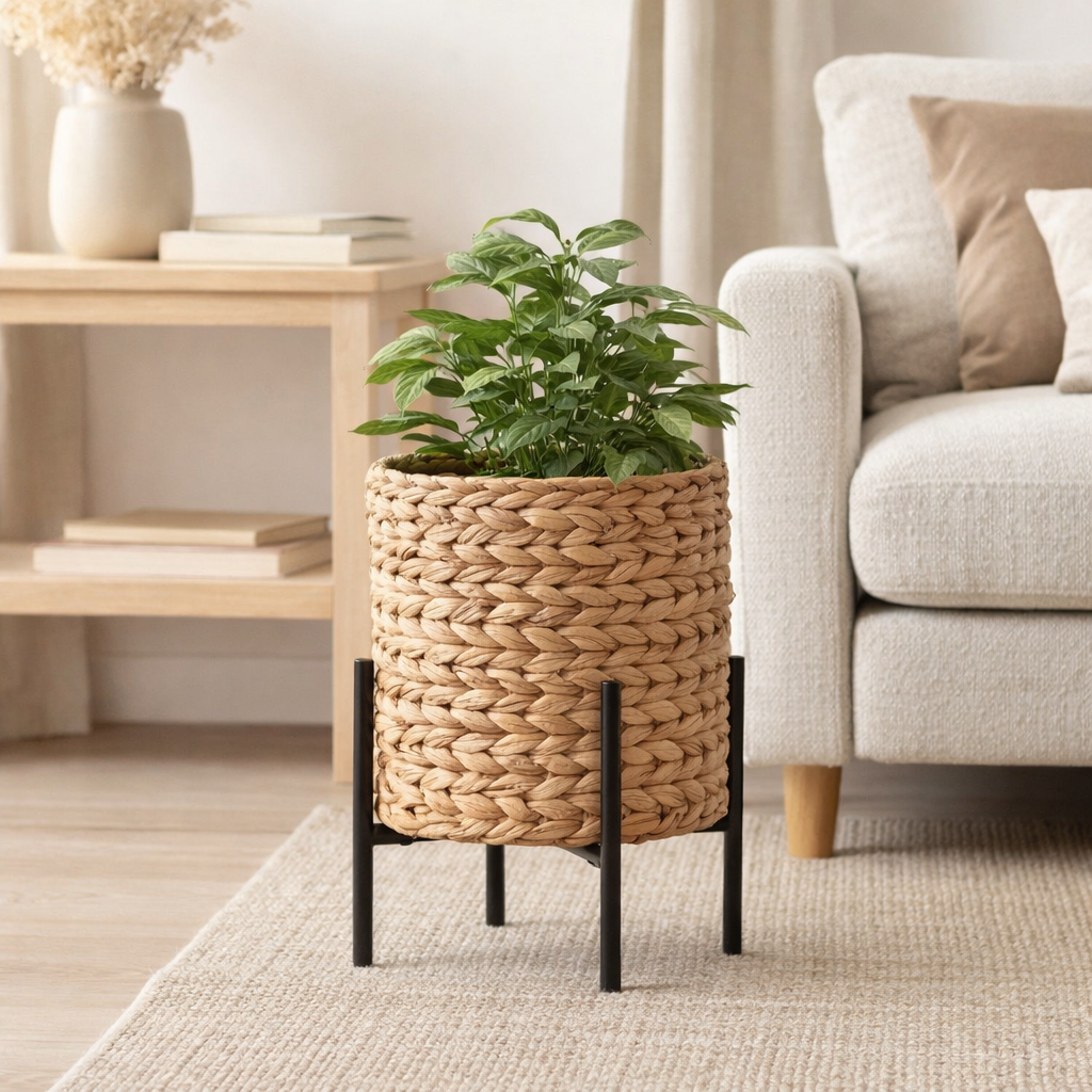 Antas Jardinière – Naturel/Noir, Jacinthe d'eau, Métal, 23,5 x 23,5 x 29 cm en situation
