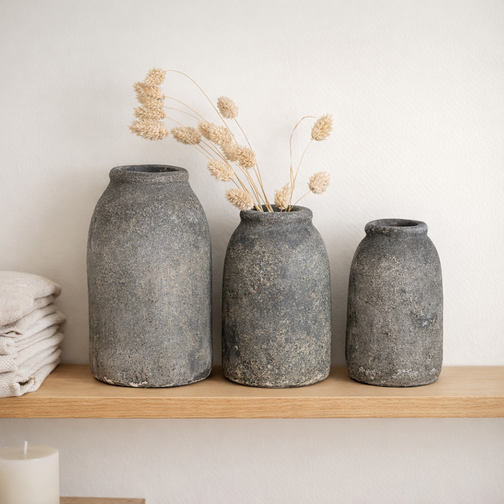 Vases de décoration Velas – Gris clair antique, Terre cuite – Lot de 3 en situation