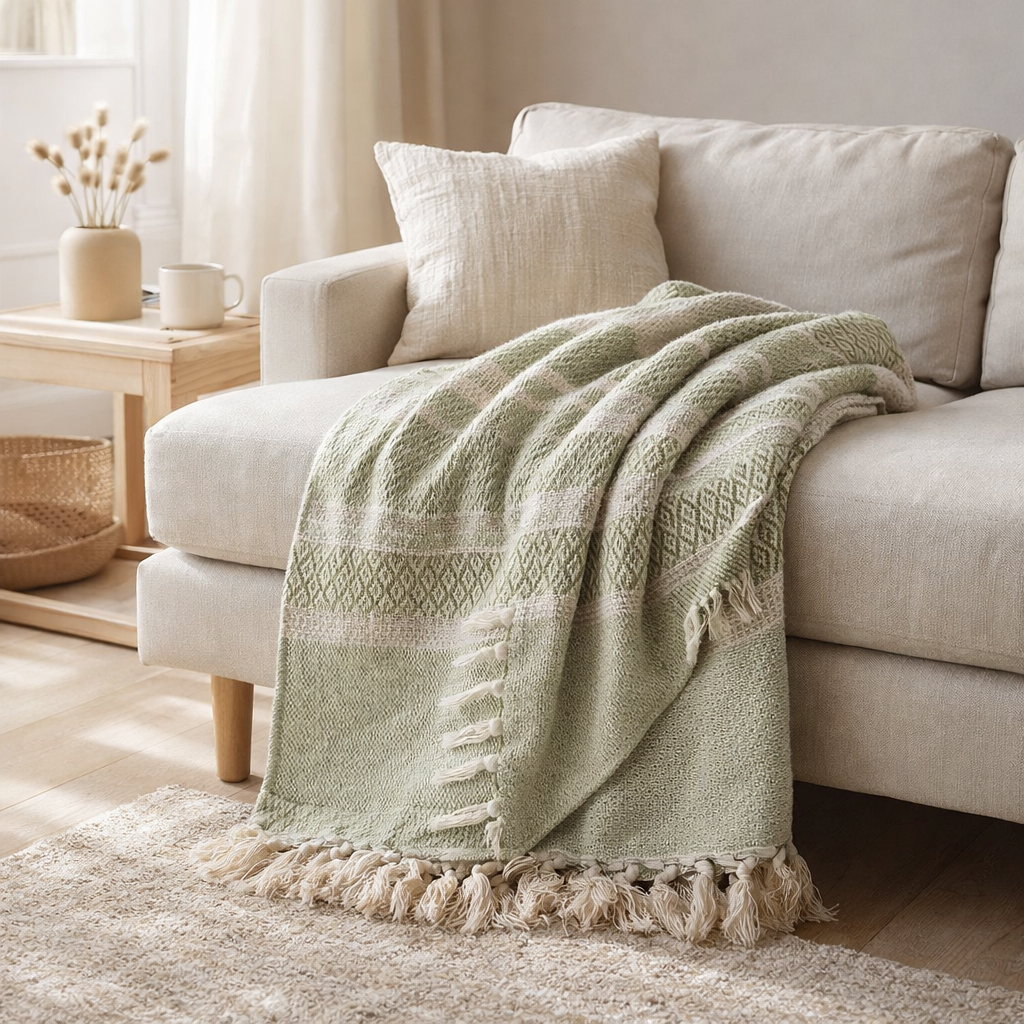 Plaid Manisa - vert / beige, coton, polyester, 130x180 cm en situation