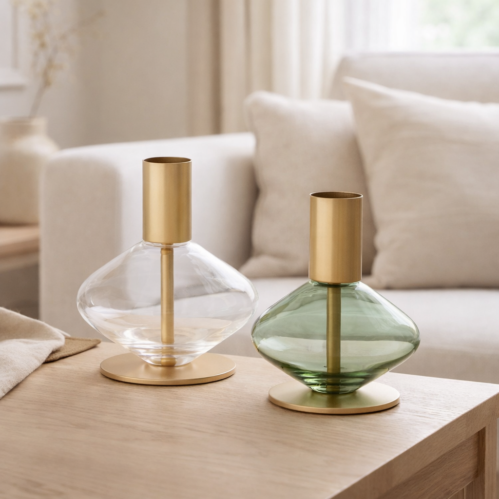 Bougeoir - or / vert, transparent, verre et métal - ensemble de 2 en situation