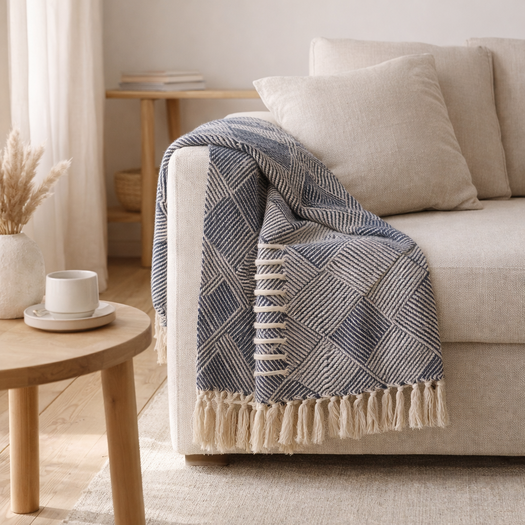 Plaid Izmir - Bleu, Coton, Polyester, 130x180 cm en situation