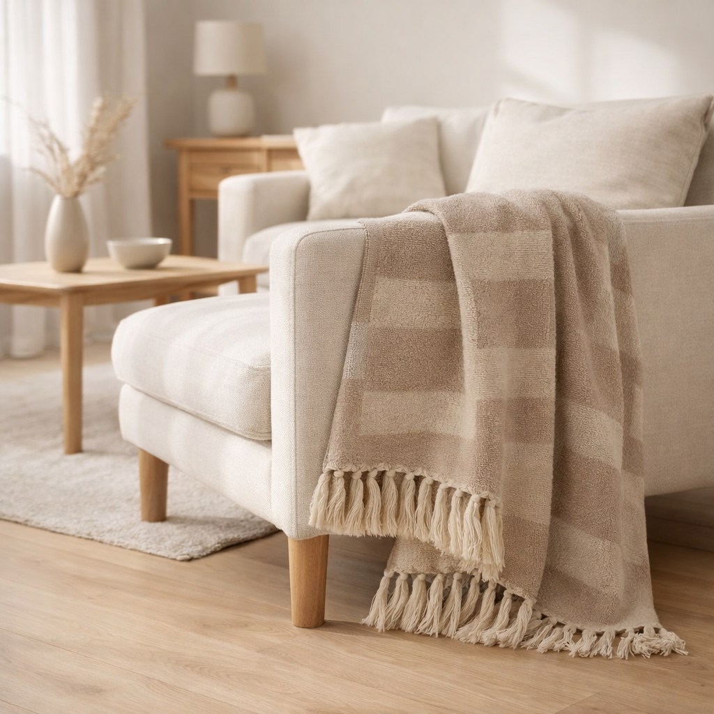 Plaid Adana - Taupe/Beige, Coton Polyester, 130x180 cm en situation