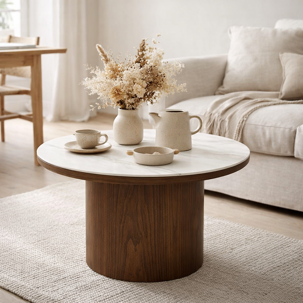 Noli Table basse, plateau en céramique/placage frêne, blanc/marron foncé, ø60x42 cm en situation