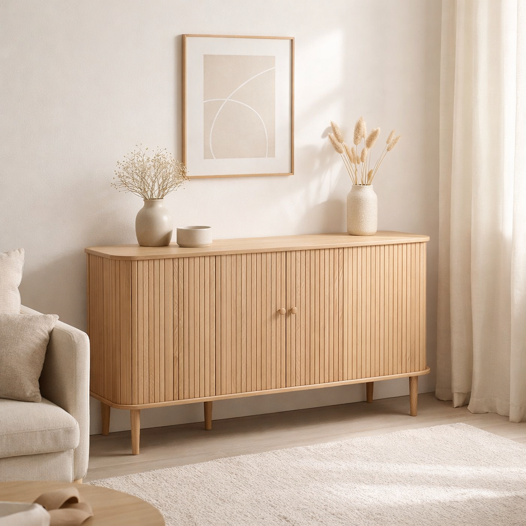 Nikko Buffet - Naturel, MDF/Pin, 140x40x79 cm en situation