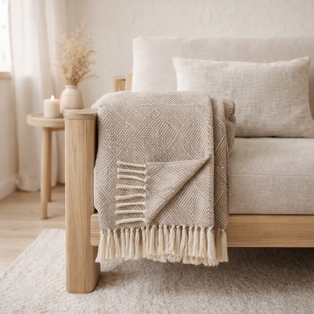 Plaid Bursa - Taupe/Beige, Coton, Polyester, 130x180 cm en situation