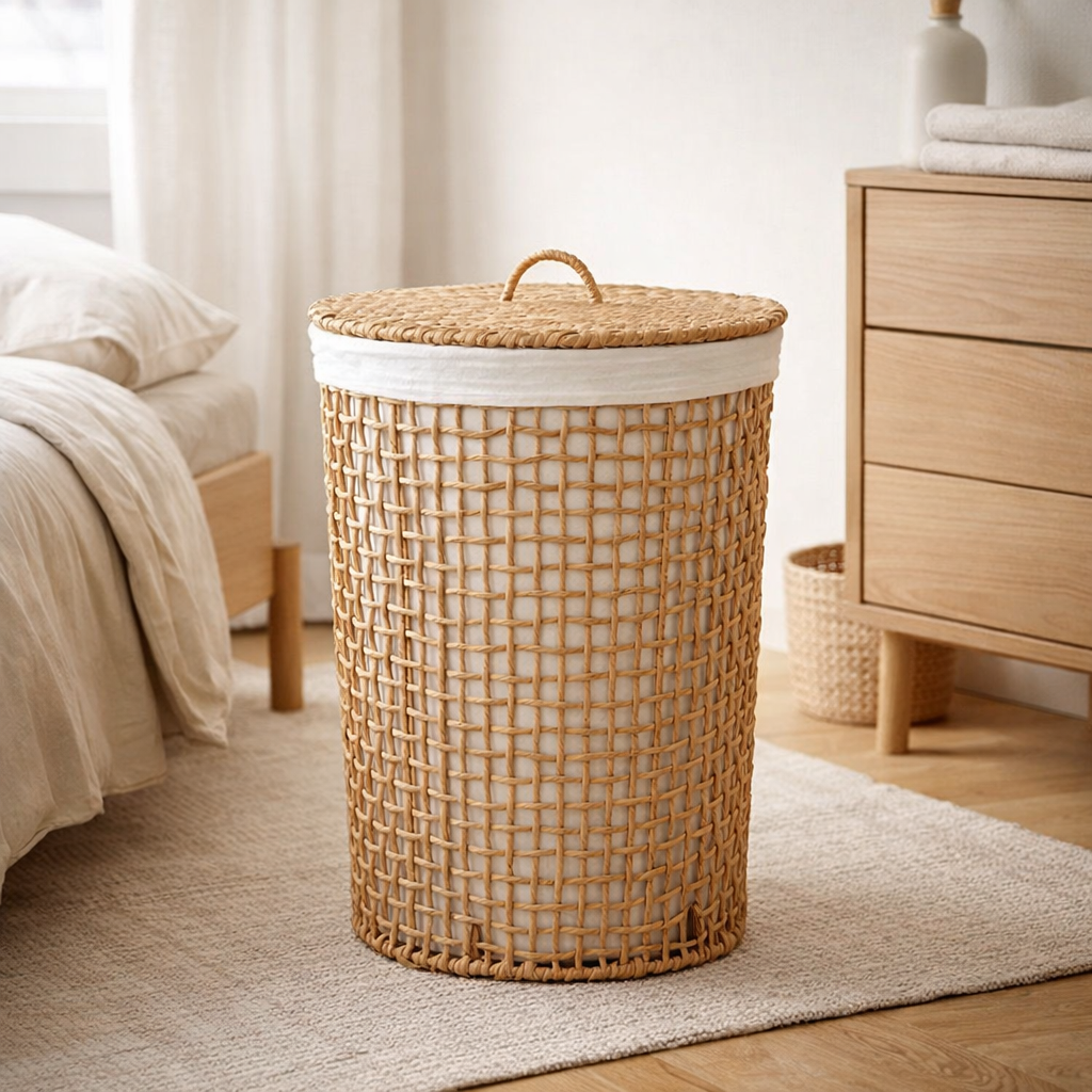 Pomal Panier à Linge - Panier à Linge, papier, marron clair/blanc, ø42x56 cm en situation