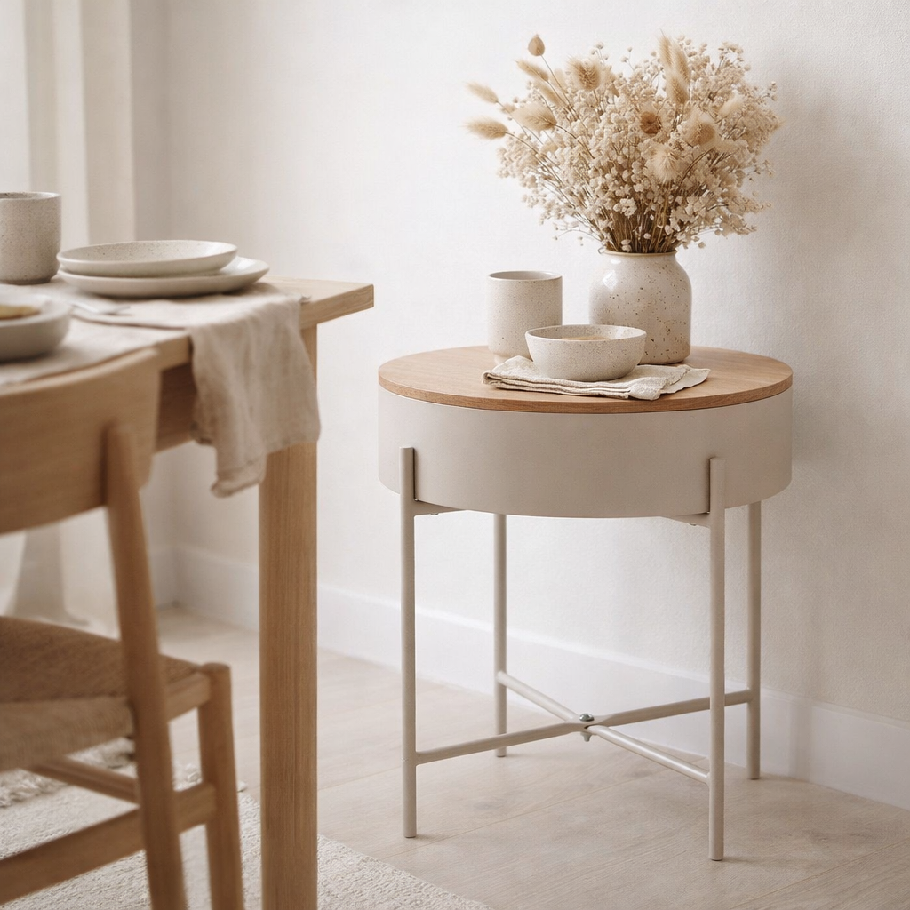 Sisco Side Table - Table d'appoint en acier thermolaqué beige-gris clair, Ø40x40 cm en situation