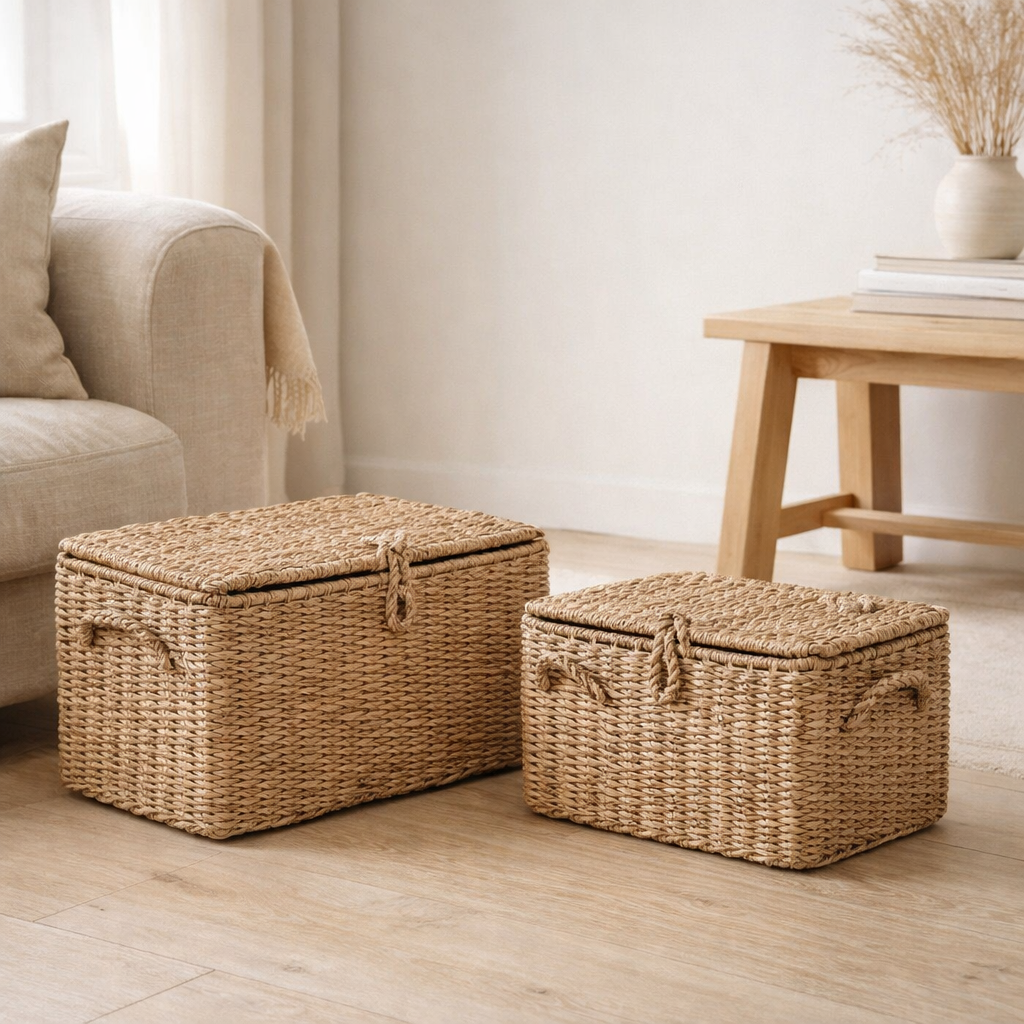 Paniers Bogra - Naturel, Jonc de Mer, Fer, Lot de 2 en situation