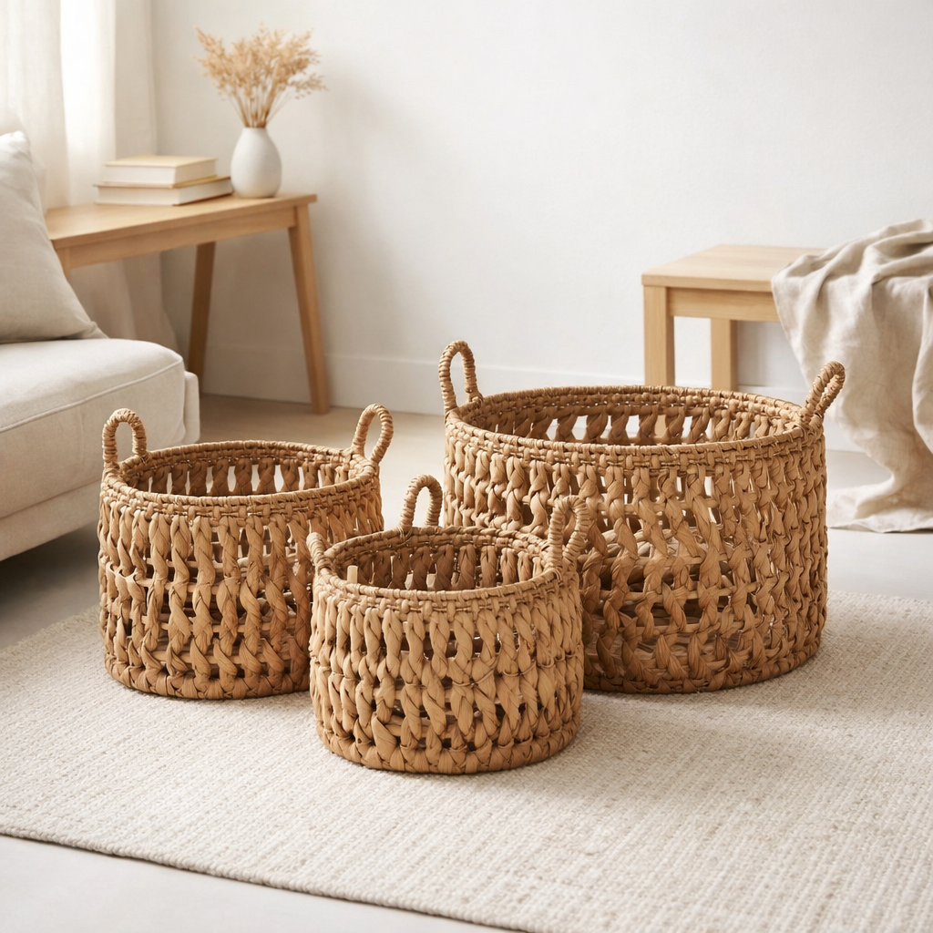 Balerma Basket - Panier avec anses, jacinthe d'eau, naturel, lot de 3 en situation