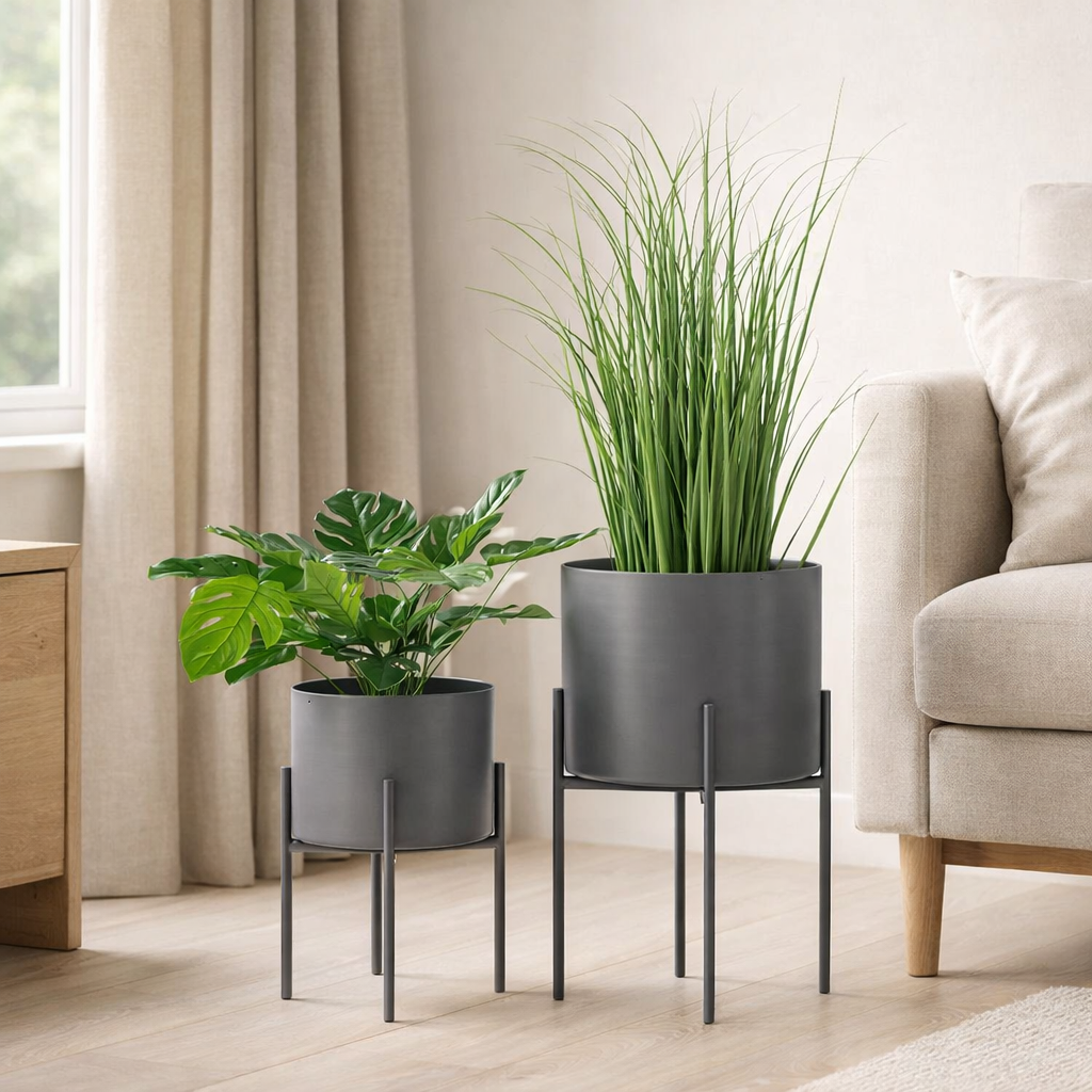 Pots de Fleurs Pavia - Gris, Acier - Lot de 2 en situation